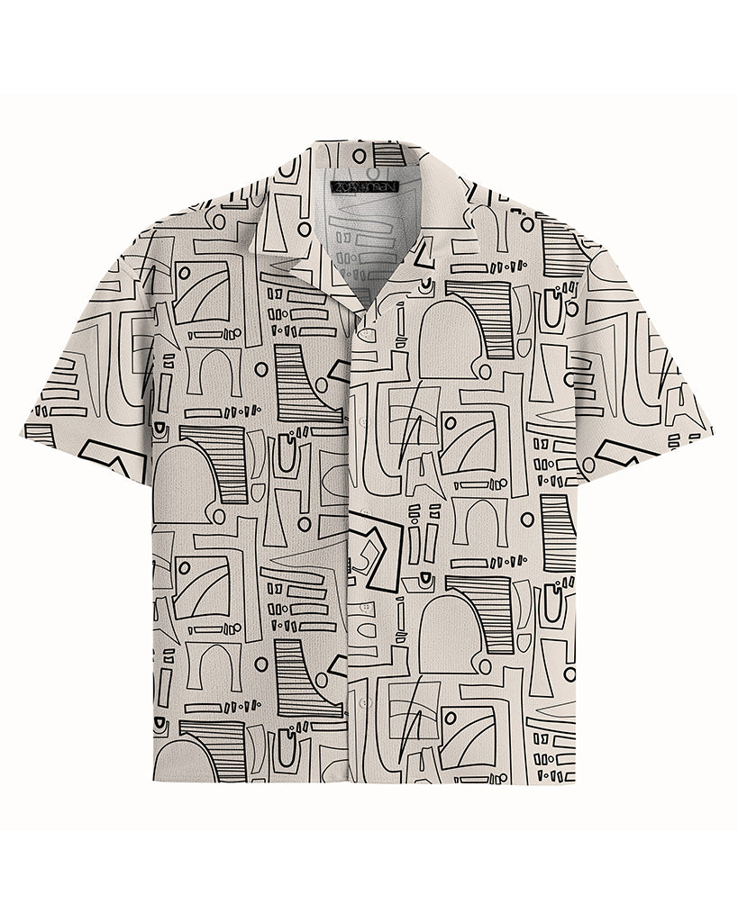 Udo Short Sleeve Camp Shirt | Lines and Crossroads Print | Cream
