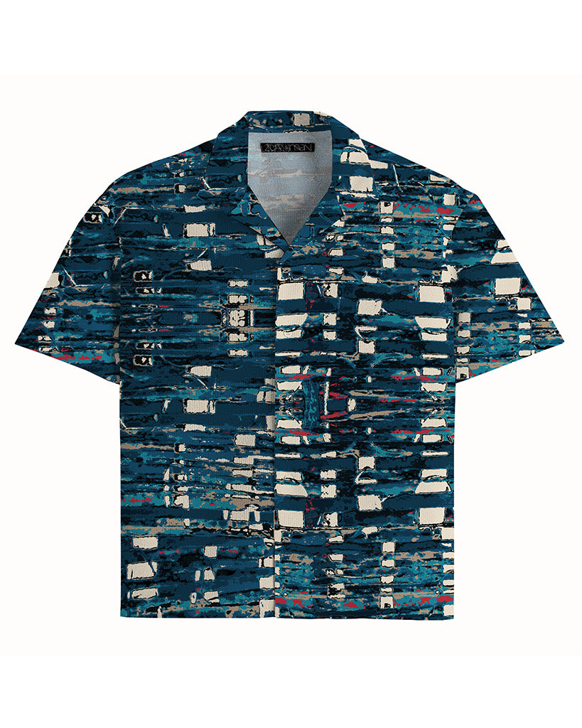 Udo Short Sleeve Camp Shirt | Basket Weave Print | Navy