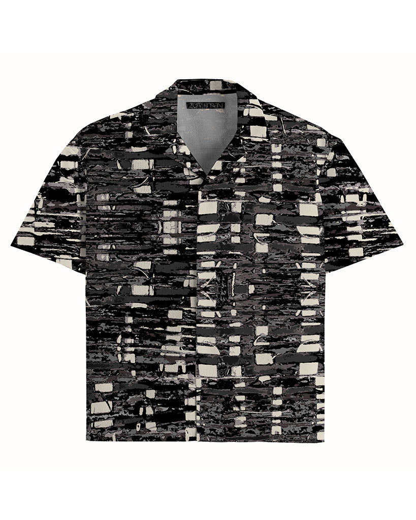 Udo Short Sleeve Camp Shirt | Basket Weave Print | Black