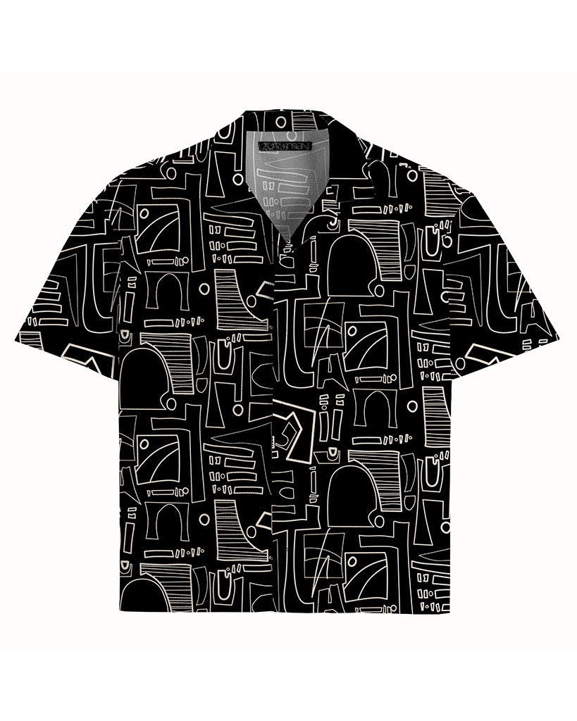 Udo Short Sleeve Camp Shirt | Lines and Crossroads Print | Black