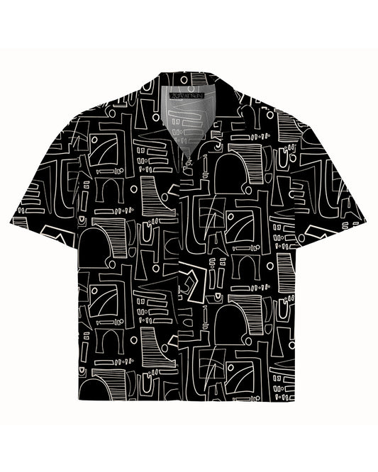 Udo Short Sleeve Camp Shirt | Lines and Crossroads Print | Black
